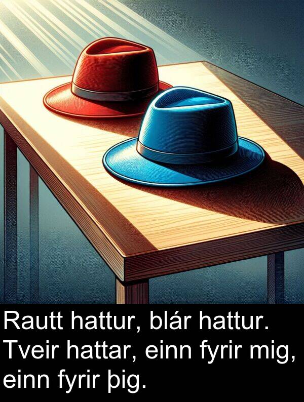 þig: Rautt hattur, blár hattur. Tveir hattar, einn fyrir mig, einn fyrir þig.