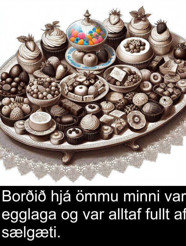 ömmu: Borðið hjá ömmu minni var egglaga og var alltaf fullt af sælgæti.