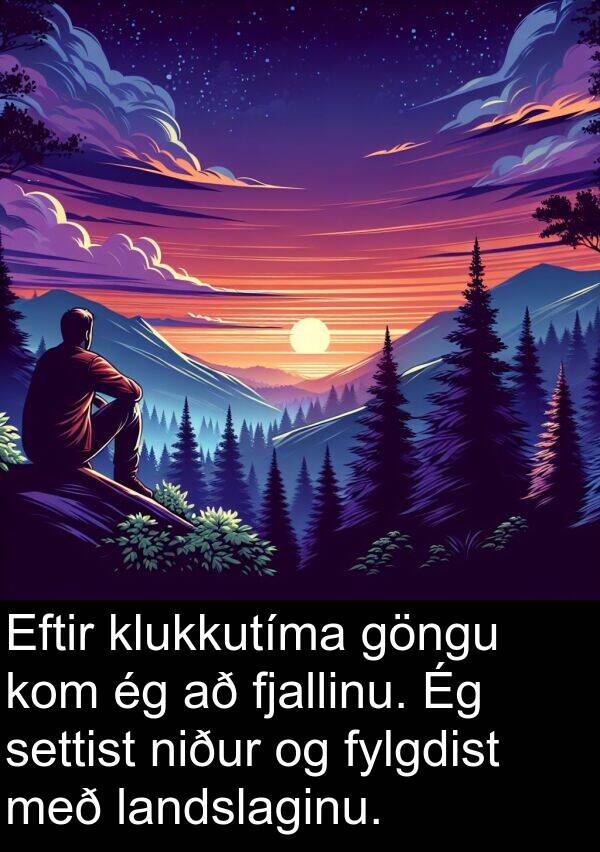 landslaginu: Eftir klukkutíma göngu kom ég að fjallinu. Ég settist niður og fylgdist með landslaginu.