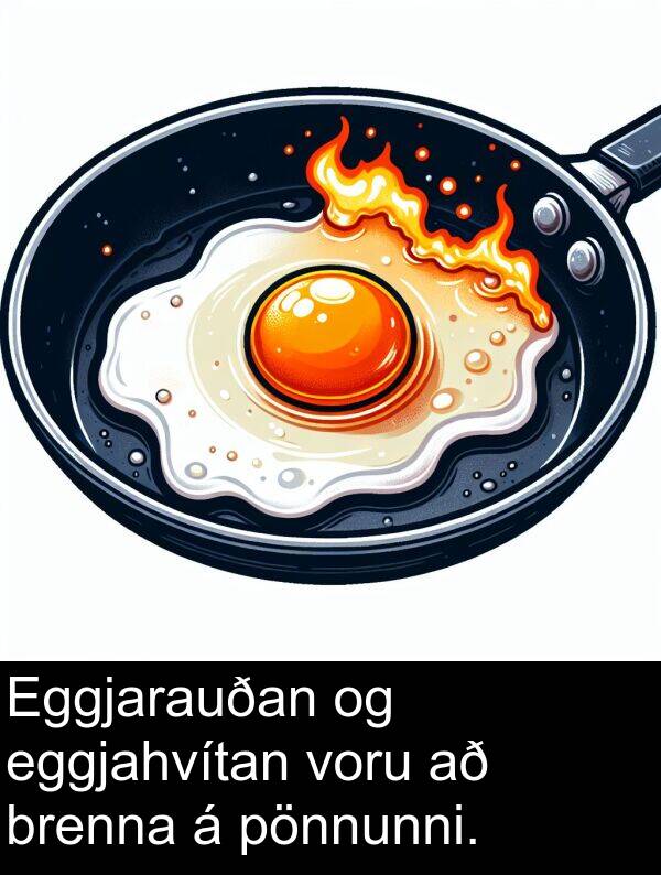 eggjahvítan: Eggjarauðan og eggjahvítan voru að brenna á pönnunni.