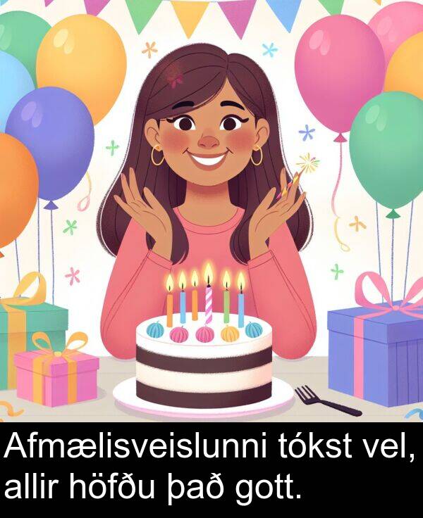 það: Afmælisveislunni tókst vel, allir höfðu það gott.