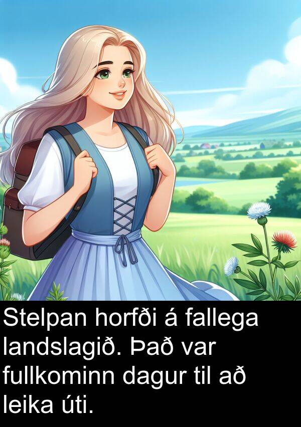 leika: Stelpan horfði á fallega landslagið. Það var fullkominn dagur til að leika úti.