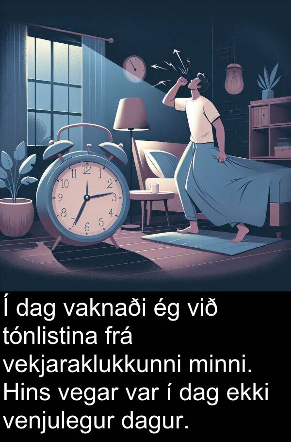 vegar: Í dag vaknaði ég við tónlistina frá vekjaraklukkunni minni. Hins vegar var í dag ekki venjulegur dagur.