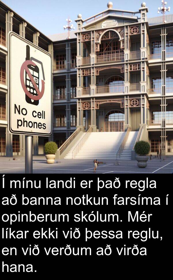 þessa: Í mínu landi er það regla að banna notkun farsíma í opinberum skólum. Mér líkar ekki við þessa reglu, en við verðum að virða hana.