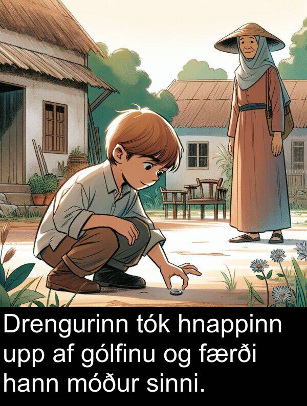færði: Drengurinn tók hnappinn upp af gólfinu og færði hann móður sinni.