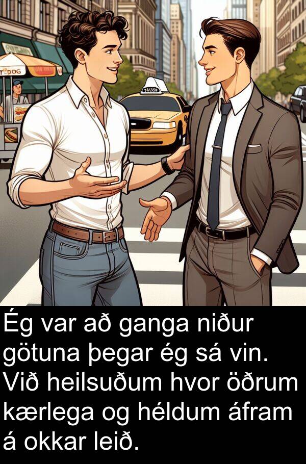 áfram: Ég var að ganga niður götuna þegar ég sá vin. Við heilsuðum hvor öðrum kærlega og héldum áfram á okkar leið.