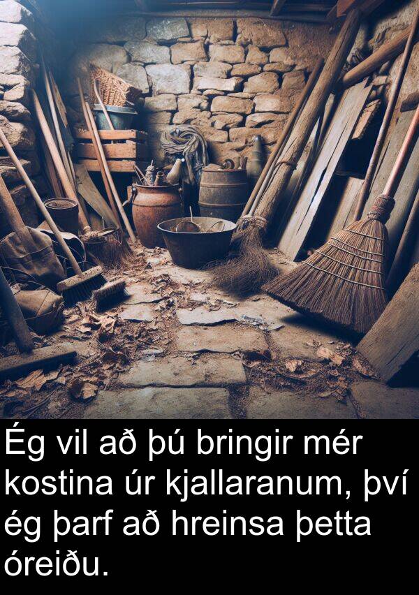 þetta: Ég vil að þú bringir mér kostina úr kjallaranum, því ég þarf að hreinsa þetta óreiðu.