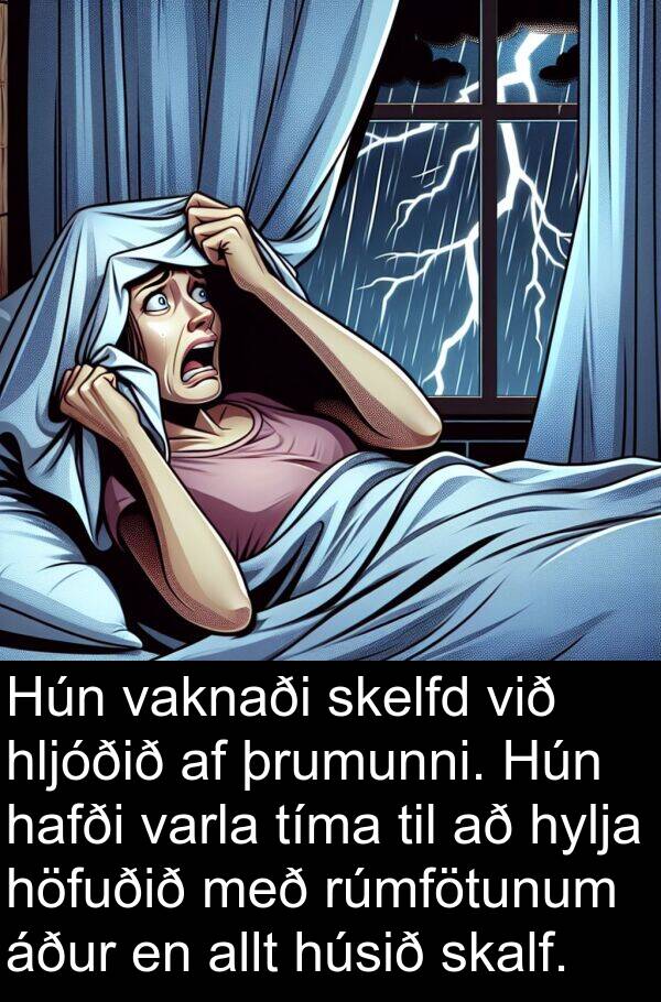 þrumunni: Hún vaknaði skelfd við hljóðið af þrumunni. Hún hafði varla tíma til að hylja höfuðið með rúmfötunum áður en allt húsið skalf.