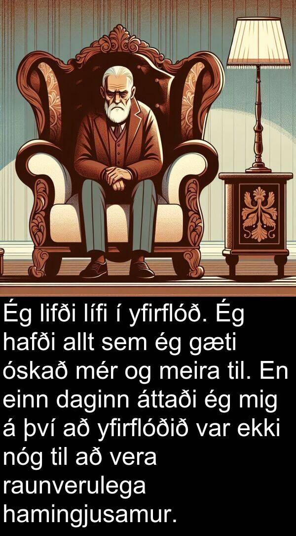 einn: Ég lifði lífi í yfirflóð. Ég hafði allt sem ég gæti óskað mér og meira til. En einn daginn áttaði ég mig á því að yfirflóðið var ekki nóg til að vera raunverulega hamingjusamur.