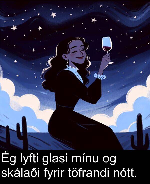 glasi: Ég lyfti glasi mínu og skálaði fyrir töfrandi nótt.