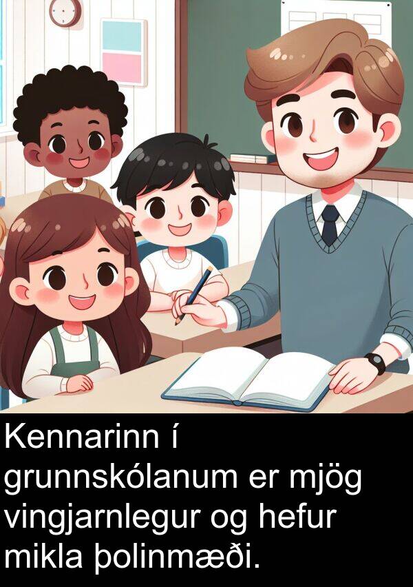 þolinmæði: Kennarinn í grunnskólanum er mjög vingjarnlegur og hefur mikla þolinmæði.