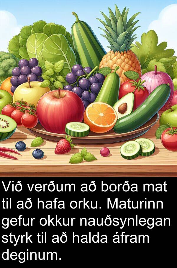 áfram: Við verðum að borða mat til að hafa orku. Maturinn gefur okkur nauðsynlegan styrk til að halda áfram deginum.