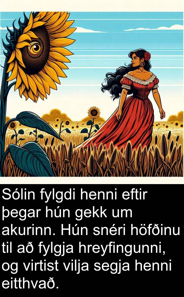 gekk: Sólin fylgdi henni eftir þegar hún gekk um akurinn. Hún snéri höfðinu til að fylgja hreyfingunni, og virtist vilja segja henni eitthvað.