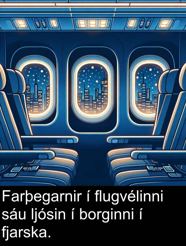 sáu: Farþegarnir í flugvélinni sáu ljósin í borginni í fjarska.