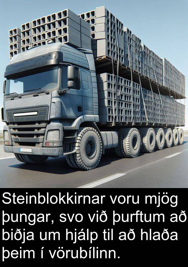 þeim: Steinblokkirnar voru mjög þungar, svo við þurftum að biðja um hjálp til að hlaða þeim í vörubílinn.