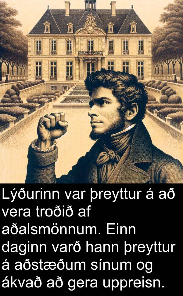 þreyttur: Lýðurinn var þreyttur á að vera troðið af aðalsmönnum. Einn daginn varð hann þreyttur á aðstæðum sínum og ákvað að gera uppreisn.