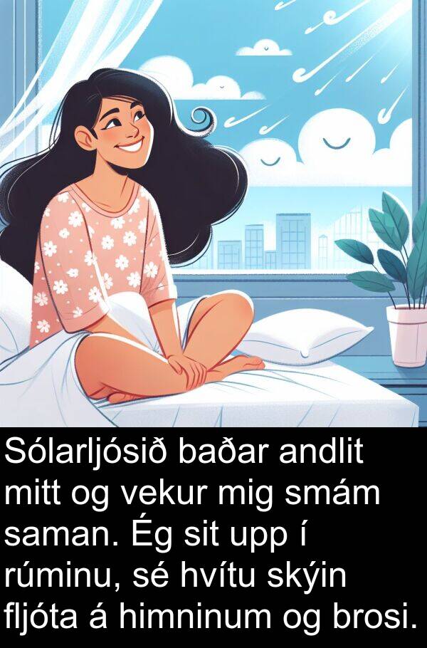 andlit: Sólarljósið baðar andlit mitt og vekur mig smám saman. Ég sit upp í rúminu, sé hvítu skýin fljóta á himninum og brosi.