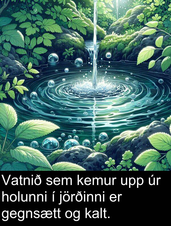 kalt: Vatnið sem kemur upp úr holunni í jörðinni er gegnsætt og kalt.