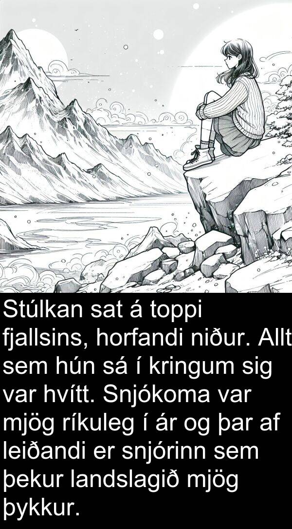 þekur: Stúlkan sat á toppi fjallsins, horfandi niður. Allt sem hún sá í kringum sig var hvítt. Snjókoma var mjög ríkuleg í ár og þar af leiðandi er snjórinn sem þekur landslagið mjög þykkur.