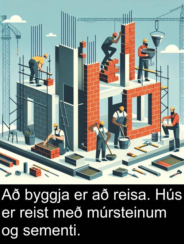 reisa: Að byggja er að reisa. Hús er reist með múrsteinum og sementi.