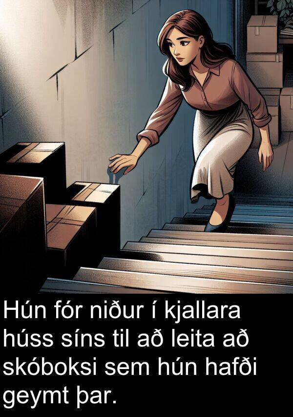 kjallara: Hún fór niður í kjallara húss síns til að leita að skóboksi sem hún hafði geymt þar.