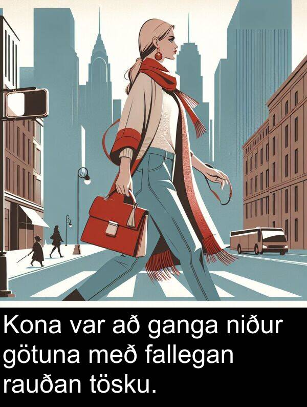 rauðan: Kona var að ganga niður götuna með fallegan rauðan tösku.