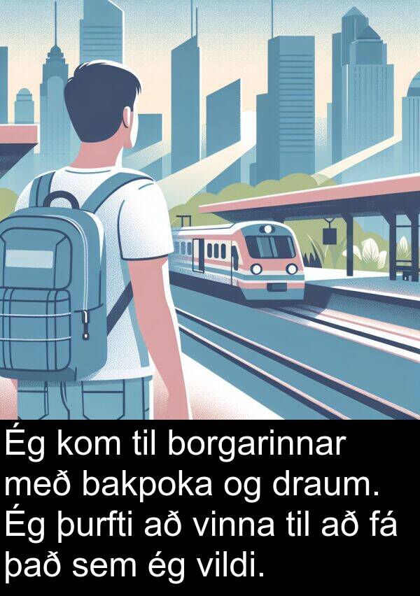 þurfti: Ég kom til borgarinnar með bakpoka og draum. Ég þurfti að vinna til að fá það sem ég vildi.