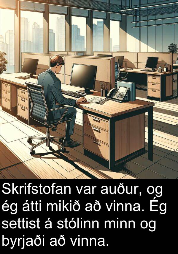 byrjaði: Skrifstofan var auður, og ég átti mikið að vinna. Ég settist á stólinn minn og byrjaði að vinna.
