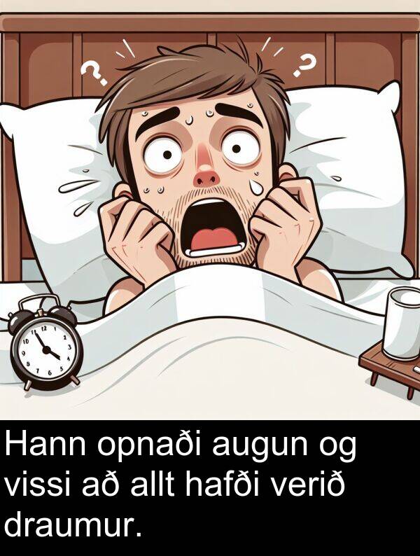 draumur: Hann opnaði augun og vissi að allt hafði verið draumur.