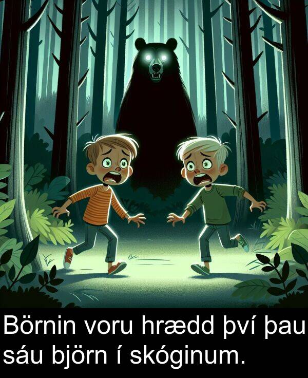 því: Börnin voru hrædd því þau sáu björn í skóginum.