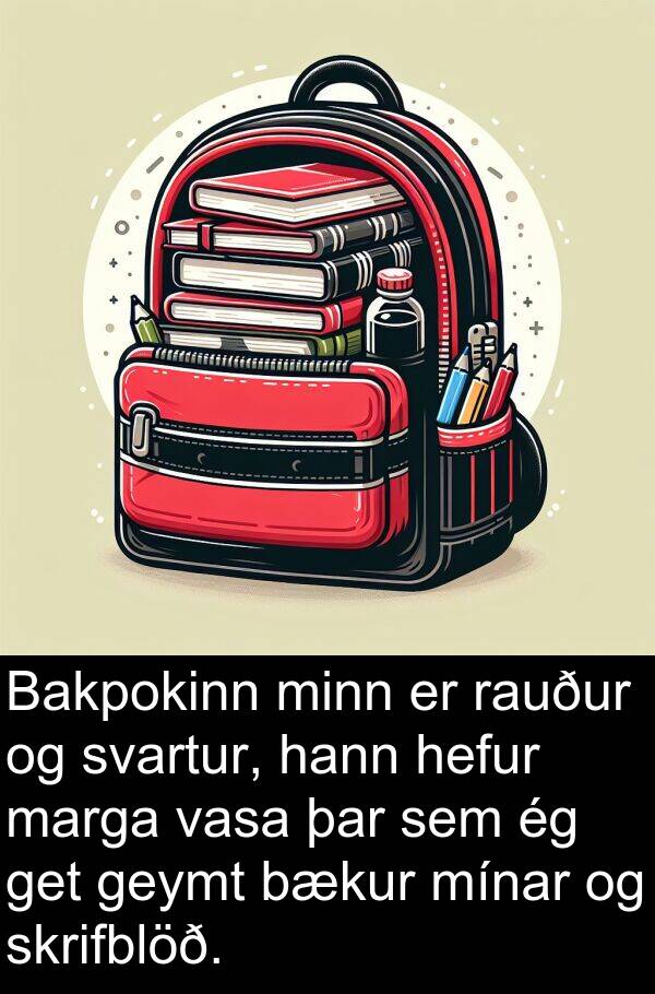 get: Bakpokinn minn er rauður og svartur, hann hefur marga vasa þar sem ég get geymt bækur mínar og skrifblöð.