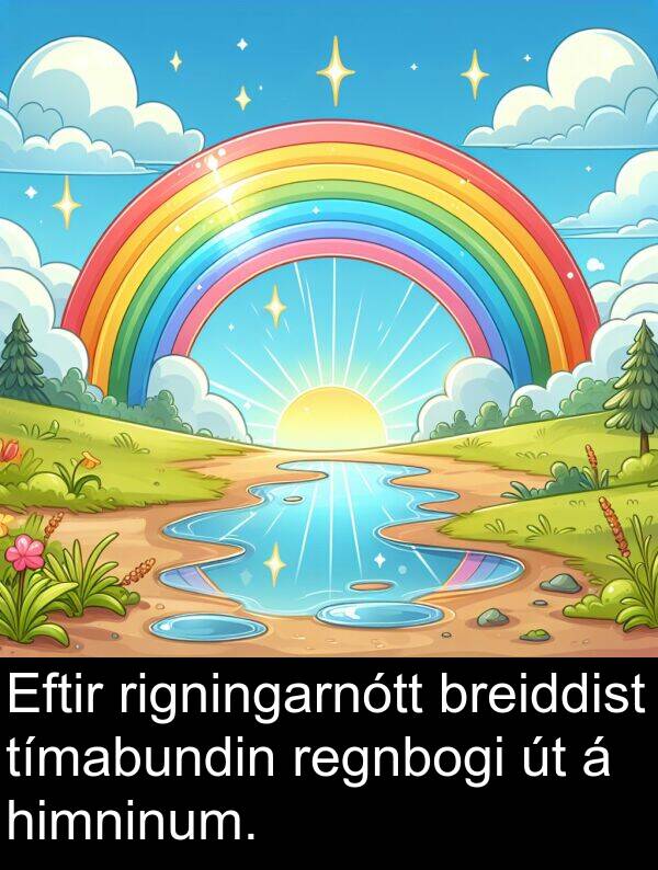 regnbogi: Eftir rigningarnótt breiddist tímabundin regnbogi út á himninum.