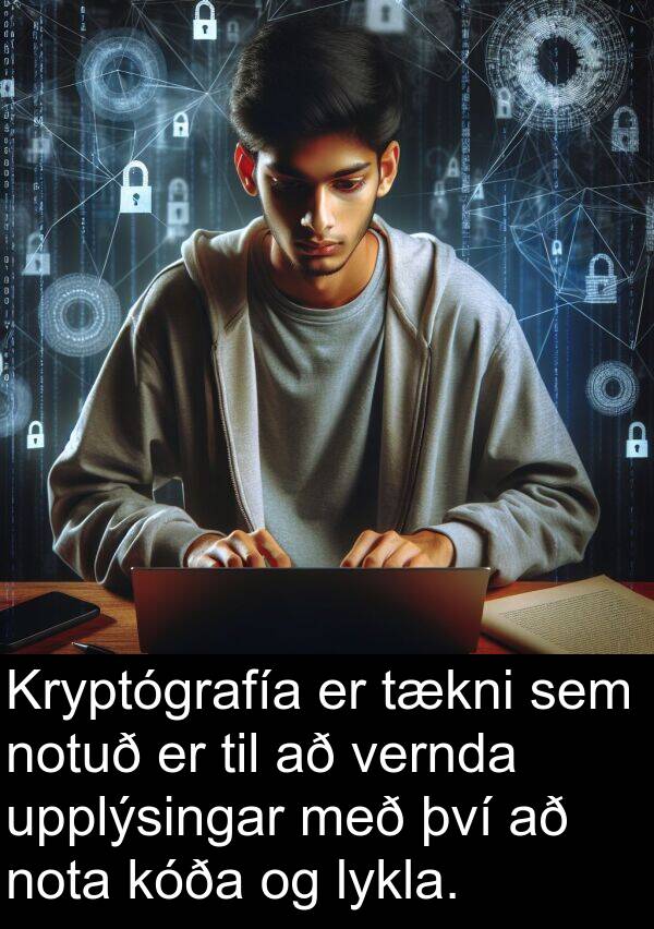 vernda: Kryptógrafía er tækni sem notuð er til að vernda upplýsingar með því að nota kóða og lykla.