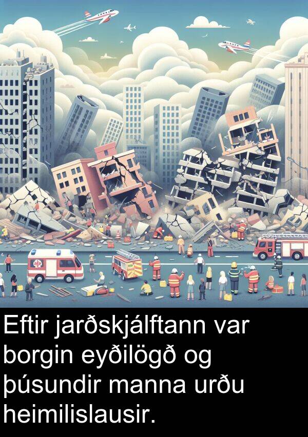 þúsundir: Eftir jarðskjálftann var borgin eyðilögð og þúsundir manna urðu heimilislausir.