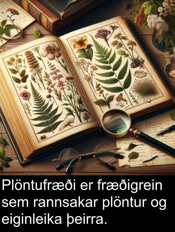 eiginleika: Plöntufræði er fræðigrein sem rannsakar plöntur og eiginleika þeirra.