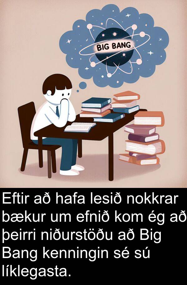 þeirri: Eftir að hafa lesið nokkrar bækur um efnið kom ég að þeirri niðurstöðu að Big Bang kenningin sé sú líklegasta.