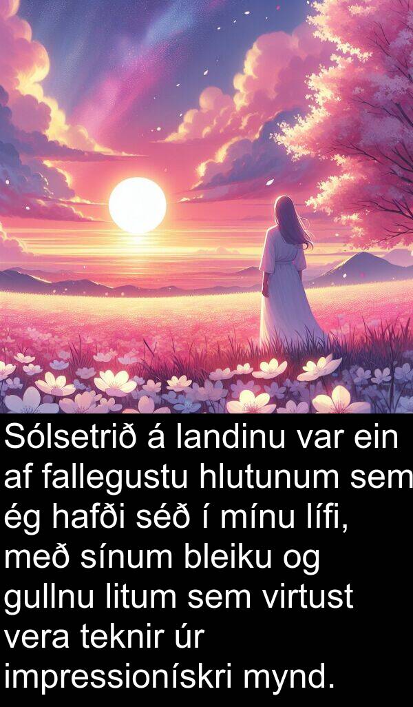 fallegustu: Sólsetrið á landinu var ein af fallegustu hlutunum sem ég hafði séð í mínu lífi, með sínum bleiku og gullnu litum sem virtust vera teknir úr impressionískri mynd.