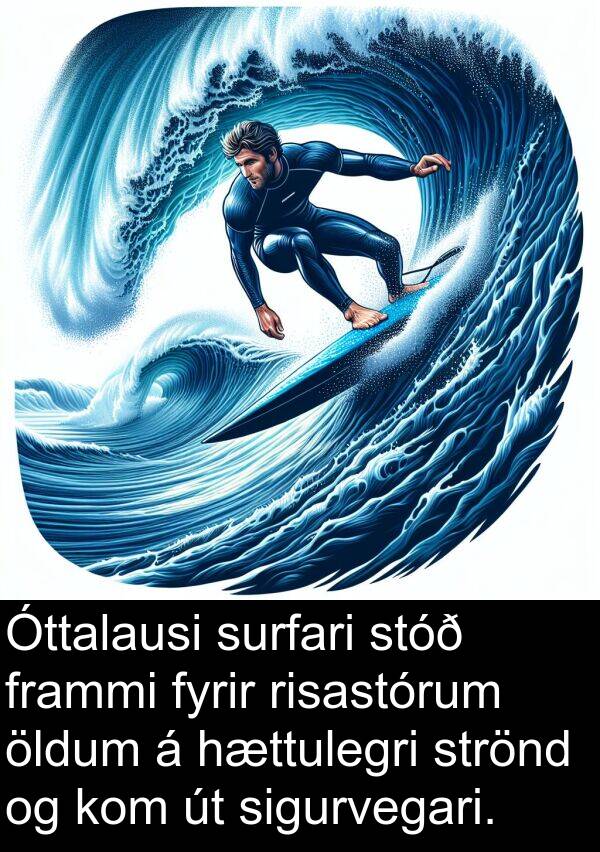öldum: Óttalausi surfari stóð frammi fyrir risastórum öldum á hættulegri strönd og kom út sigurvegari.