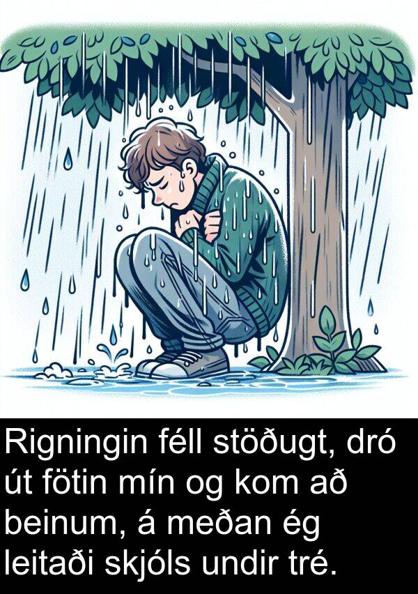 dró: Rigningin féll stöðugt, dró út fötin mín og kom að beinum, á meðan ég leitaði skjóls undir tré.
