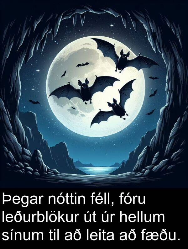 leita: Þegar nóttin féll, fóru leðurblökur út úr hellum sínum til að leita að fæðu.