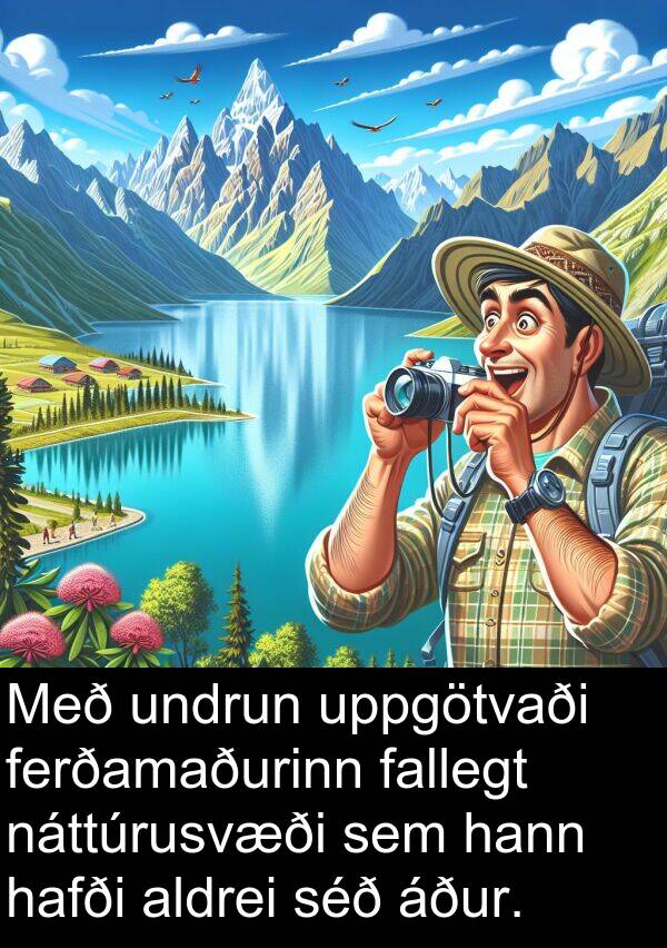 aldrei: Með undrun uppgötvaði ferðamaðurinn fallegt náttúrusvæði sem hann hafði aldrei séð áður.