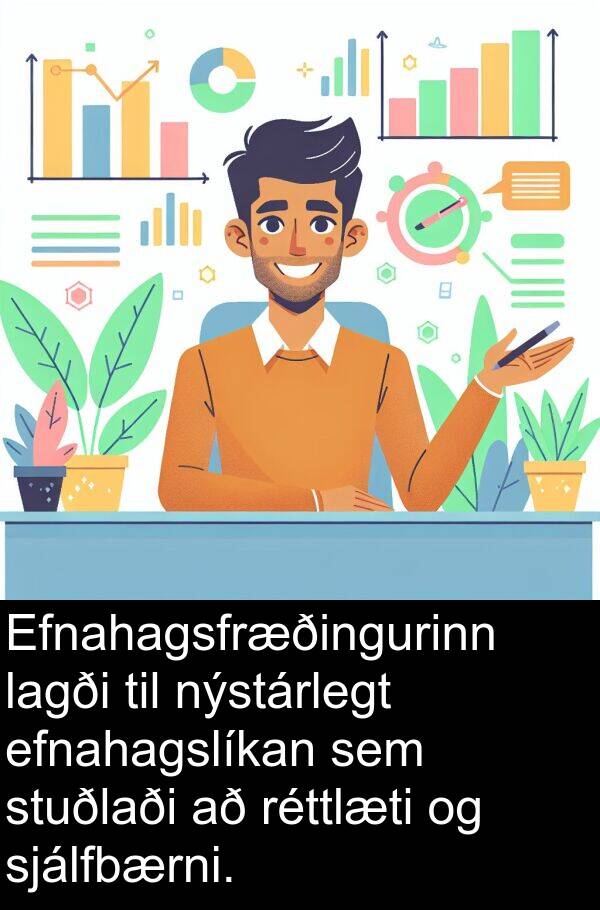 efnahagslíkan: Efnahagsfræðingurinn lagði til nýstárlegt efnahagslíkan sem stuðlaði að réttlæti og sjálfbærni.