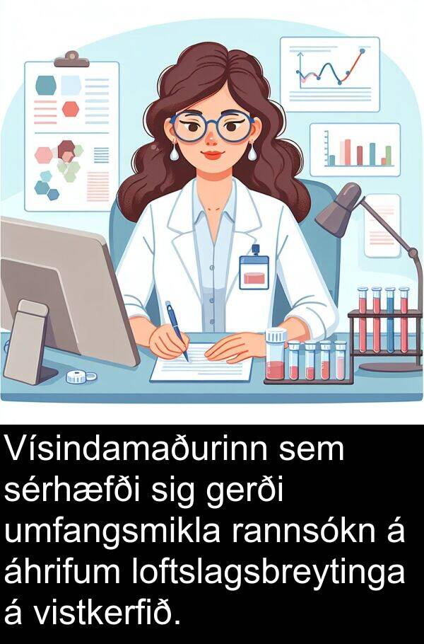 áhrifum: Vísindamaðurinn sem sérhæfði sig gerði umfangsmikla rannsókn á áhrifum loftslagsbreytinga á vistkerfið.