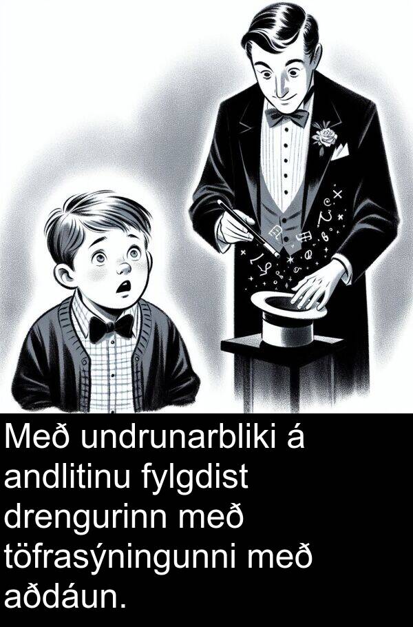 drengurinn: Með undrunarbliki á andlitinu fylgdist drengurinn með töfrasýningunni með aðdáun.