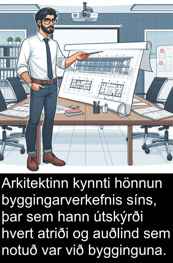 útskýrði: Arkitektinn kynnti hönnun byggingarverkefnis síns, þar sem hann útskýrði hvert atriði og auðlind sem notuð var við bygginguna.
