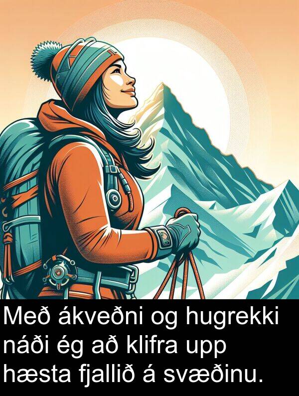 fjallið: Með ákveðni og hugrekki náði ég að klifra upp hæsta fjallið á svæðinu.