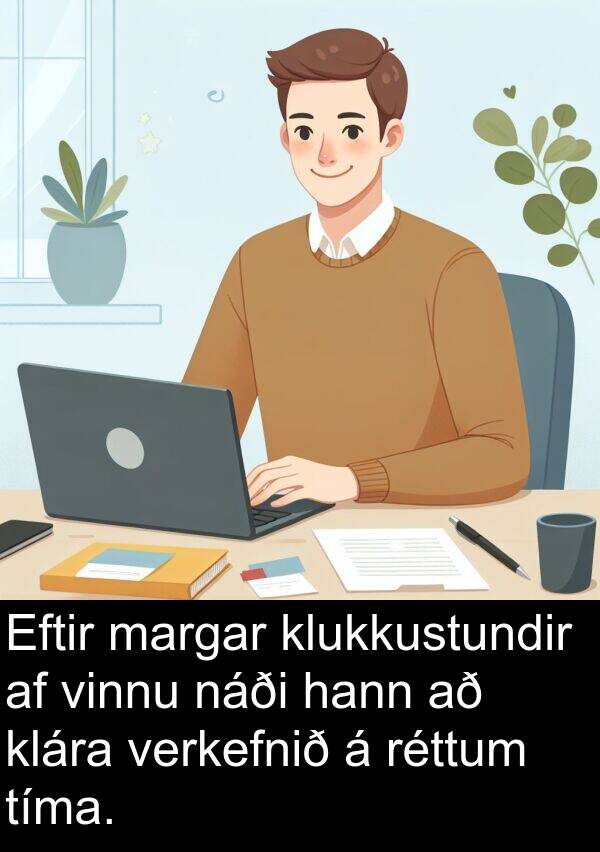 margar: Eftir margar klukkustundir af vinnu náði hann að klára verkefnið á réttum tíma.