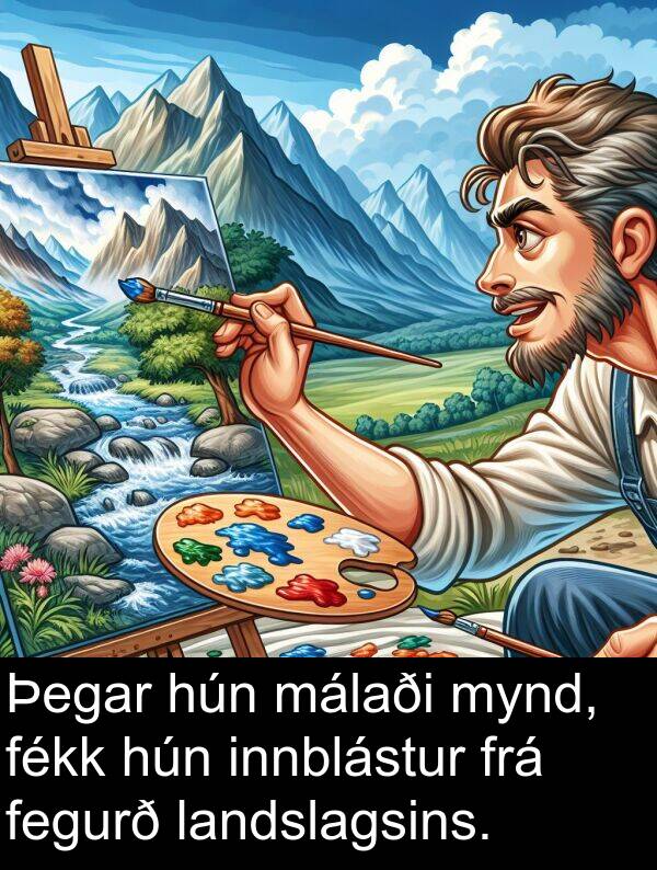 málaði: Þegar hún málaði mynd, fékk hún innblástur frá fegurð landslagsins.
