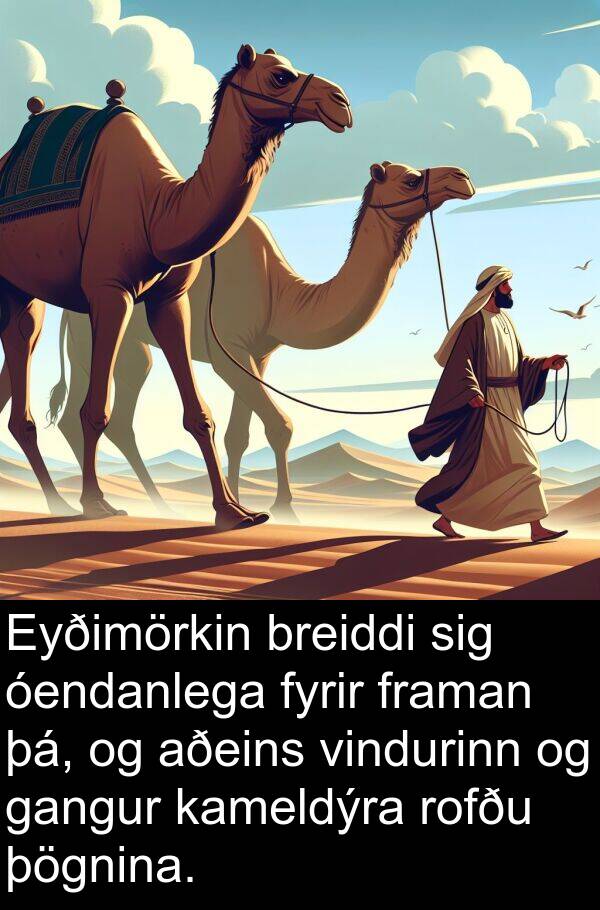 þá: Eyðimörkin breiddi sig óendanlega fyrir framan þá, og aðeins vindurinn og gangur kameldýra rofðu þögnina.