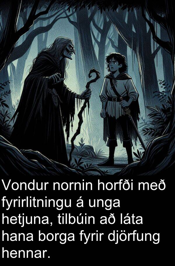 láta: Vondur nornin horfði með fyrirlitningu á unga hetjuna, tilbúin að láta hana borga fyrir djörfung hennar.